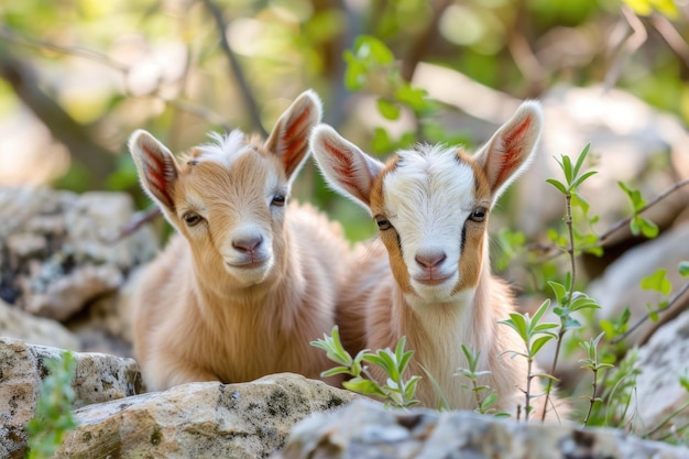 Photo little funny baby goats in the wild