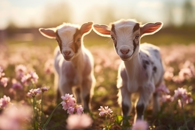 Little funny baby goats in the wild