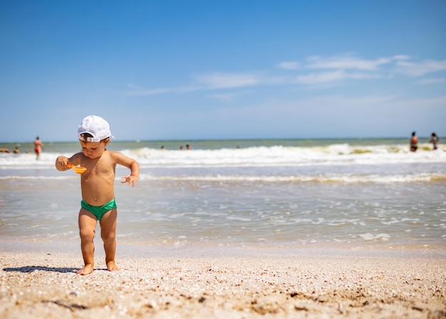 少し面白い面白い子供は明るい休暇で暑い夏の太陽の下で砂底の穏やかな青い海で貝殻や小石を収集します