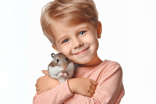 Фото Маленький смешной ребенок крепко обнимает домашнего питомца гербиля изолированно на белом фоне