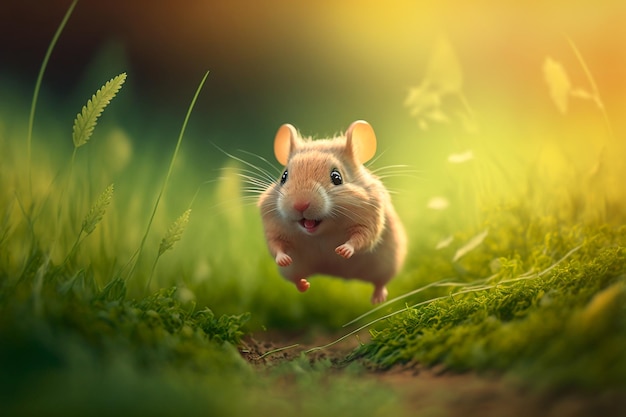 Little funny mouse runs on the grass Happiness concept Generative AI