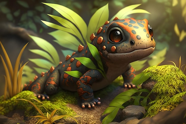 A little gecko with a blue and orange spots sits in a forest.