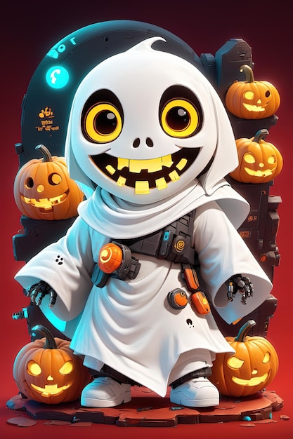 a little ghost with a pumpkin in his hands