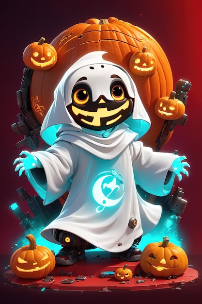 a little ghost with a pumpkin in his hands