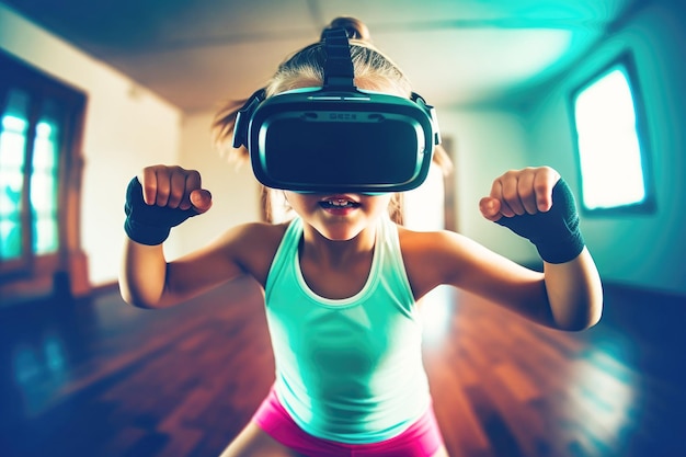 Photo little girl in 3d virtual reality glasses goes in for sports generative ai