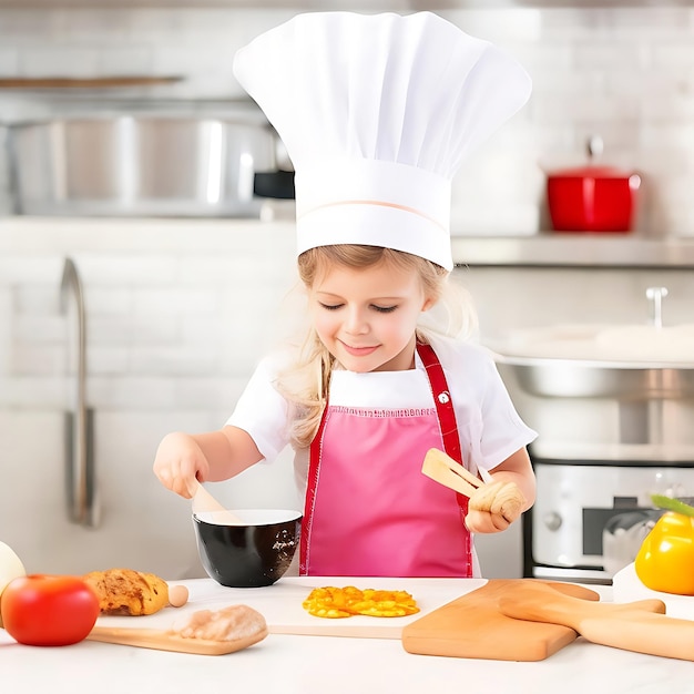 Маленькая девочка в фартуке и шляпе шеф-повара готовит еду ai generate