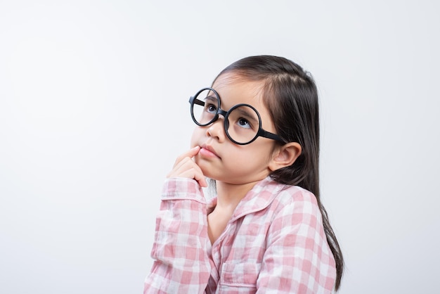 Little girl asian think white background