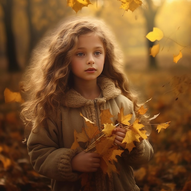 가을의 자연 배경의 작은 소녀 생성 AI