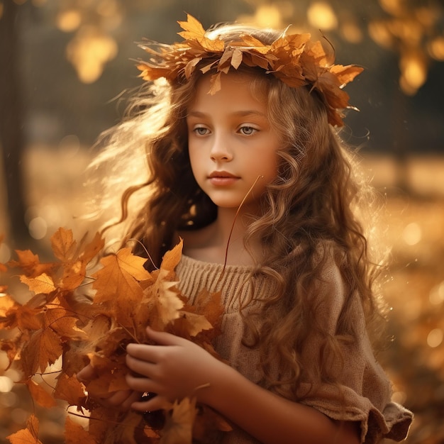 Little girl on autumn nature background Generative AI