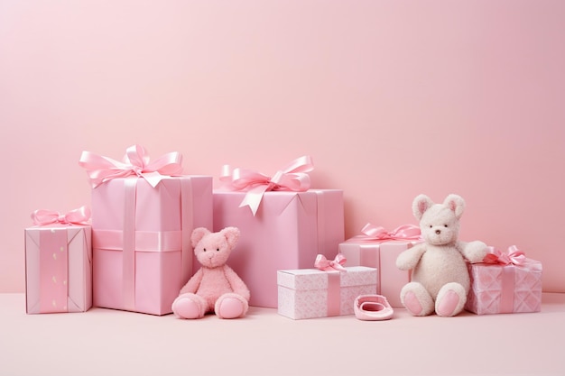 ピンクの背景にピンクの装飾と弓を持つ小さな女の子の赤ちゃんの誕生日プレゼントとアクセサリー
