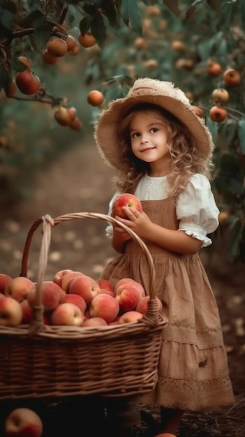 Little girl in a basket of peaches