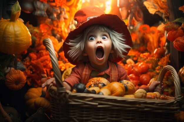 A little girl in a basket with pumpkins