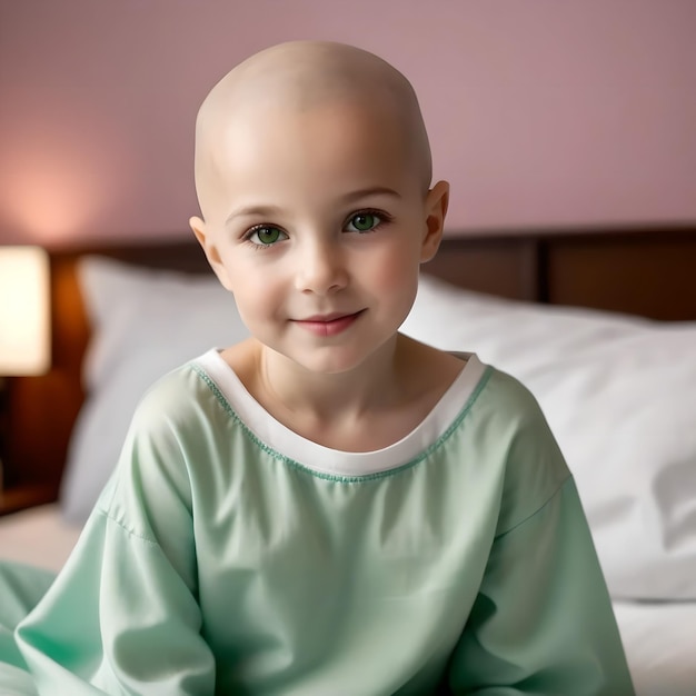 Little girl battling cancer on her bed in hospital