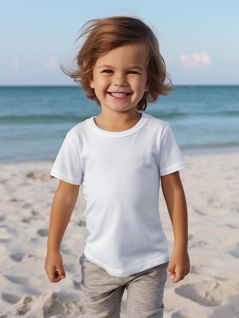 A little girl on the beach wearing a white shirt