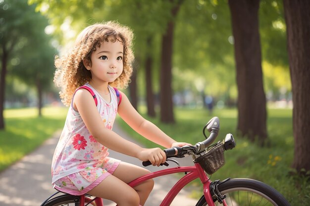 Foto piccola ragazza su una bicicletta nel parco estivo in bicicletta all'aperto