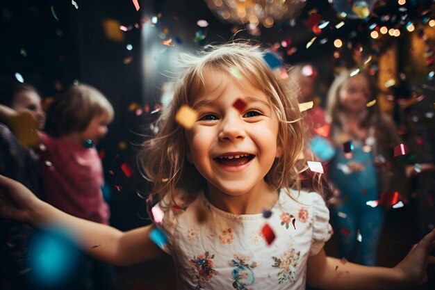 Photo a little girl at a birthday party is jumping among the confetti