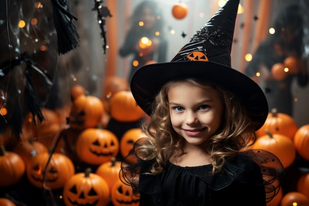 Little girl in black witch costume and hat on the background of Halloween decorations