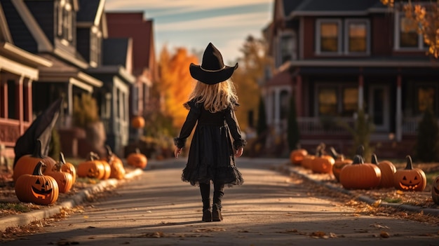 Little girl in black witch costume with pumpkins walking on the street at Halloween