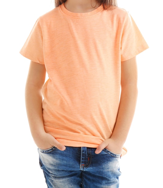 Little girl in blank color tshirt on white background close up