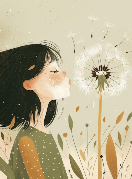 Photo little girl blowing dandelion seeds in the wind