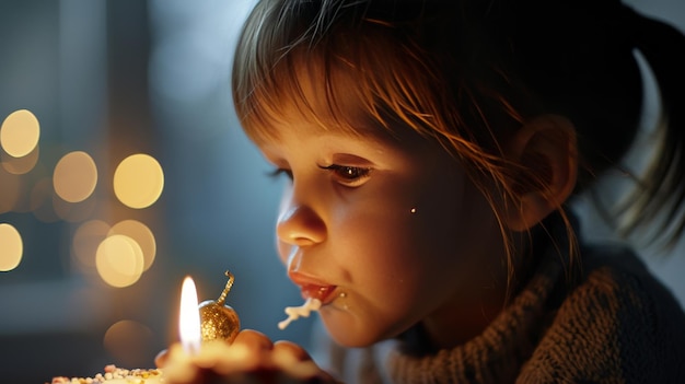 Photo little girl blowing out candles on birthday cake at celebration party happy new year