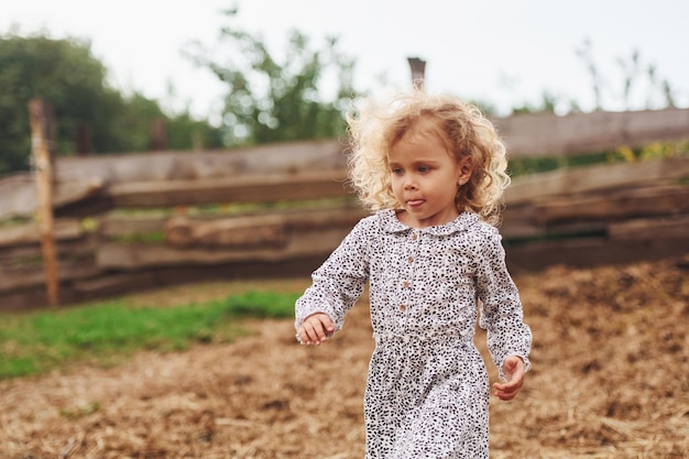 Little girl in blue clothes is on the farm at summertime outdoors