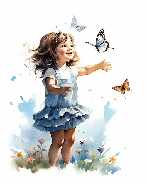 little girl blue dress butterfly higher illustration carefree banner aliased springtime fly