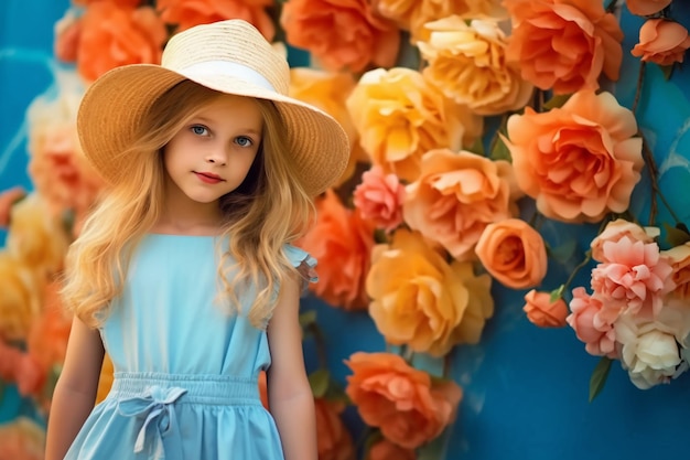 A little girl in a blue dress and a hat stands in front of a flower wall.