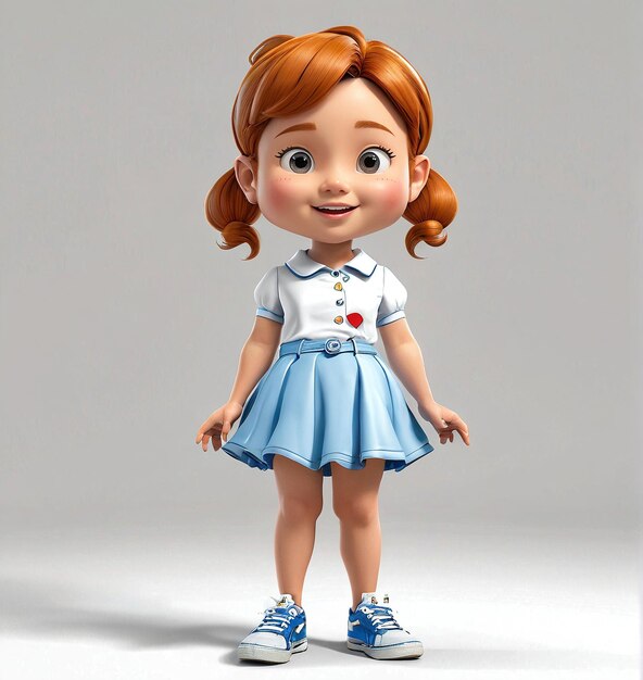 a little girl in a blue dress and sneakers