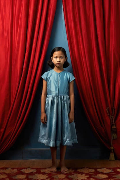 Photo the little girl in a blue dress standing behind the red curtains