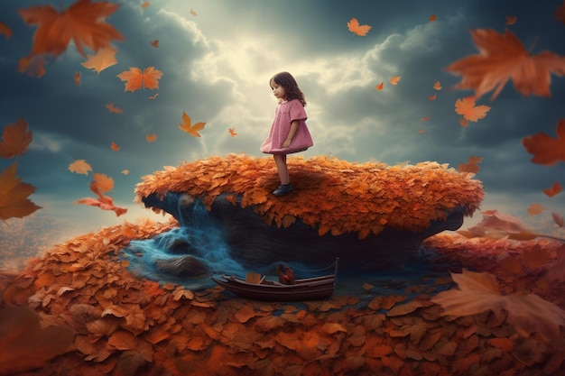 秋の葉の 3 d レンダリングの中でボートに乗っている小さな女の子