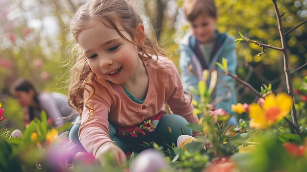 Little girl and boy are hunting for Easter eggs in the garden They are both smiling and having fun