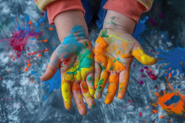 Foto piccole mani di ragazza e ragazzo dipinte con vernici colorate