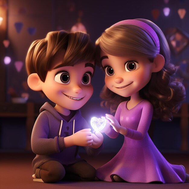 Little girl and boy holds violet diamond in her hand