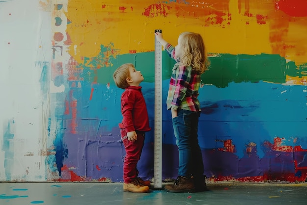 色の壁の近くで身長を測る小さな女の子と男の子