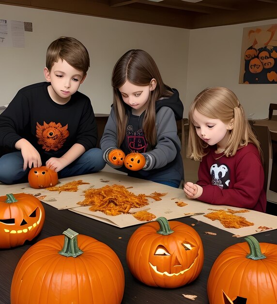 Little girl and boy in witch costume on halloween trick or treat kids holding candy in pumpkin lant