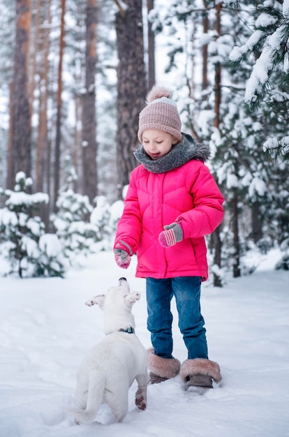 明るいジャケットを着た少女は、冬の雪に覆われた森で犬のジャックラッセルテリアと遊ぶ