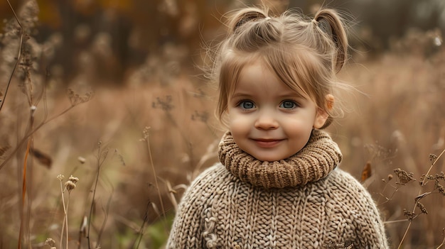 Little girl in a brown sweater smiling in a field of tall grass