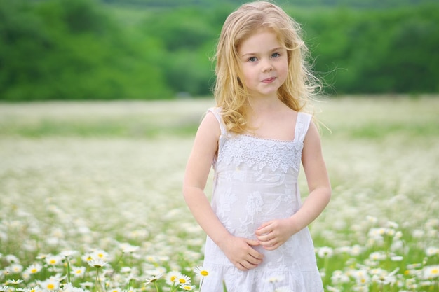 Little girl in camomile meadow