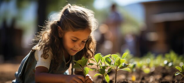 Little girl carefully planting a sapling in a community garden symbolizing hope