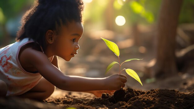 写真 小さな女の子が心を温めるシーンを作り出す太陽光の庭の地面に慎重に木の苗を植えています