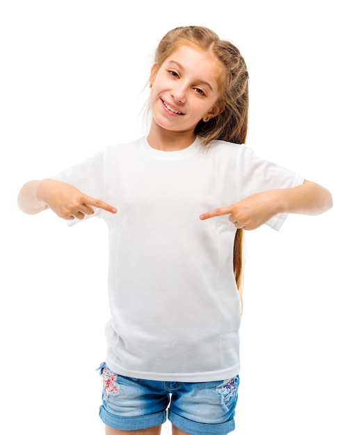 Little girl in casual white Tshirt on white backgtound