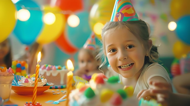 Foto una ragazzina che celebra il suo compleanno indossa un cappello da festa e sullo sfondo ci sono palloncini e regali.