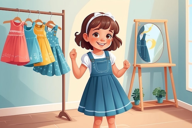 Little Girl Changing Her Clothes Putting on Pinafore Dress Vector Illustration Smiling Independent Kid Dressing Herself Getting Ready for Outdoor Walk Concept