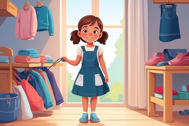 Little Girl Changing Her Clothes Putting on Pinafore Dress Vector Illustration Smiling Independent Kid Dressing Herself Getting Ready for Outdoor Walk Concept