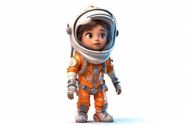Foto personaggio di una bambina vestita da astronauta con un casco e una tuta spaziale su bianco generato dall'intelligenza artificiale