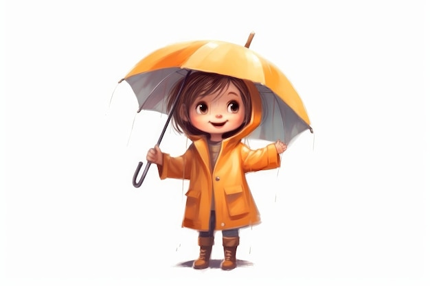 Little girl character dressed in a raincoat and holding an umbrella on white AI generated