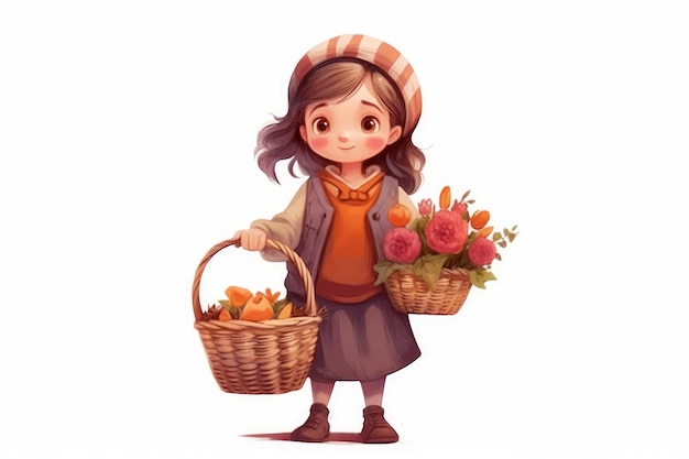 Little girl character holding a basket of flowers on white background AI generated