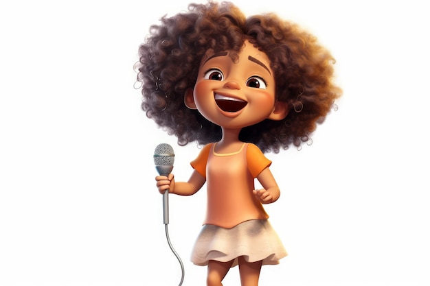 Little girl character holding a microphone singing with passion and joy on white AI generated