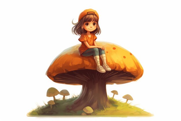 Little girl character sitting on a giant mushroom on white background AI generated